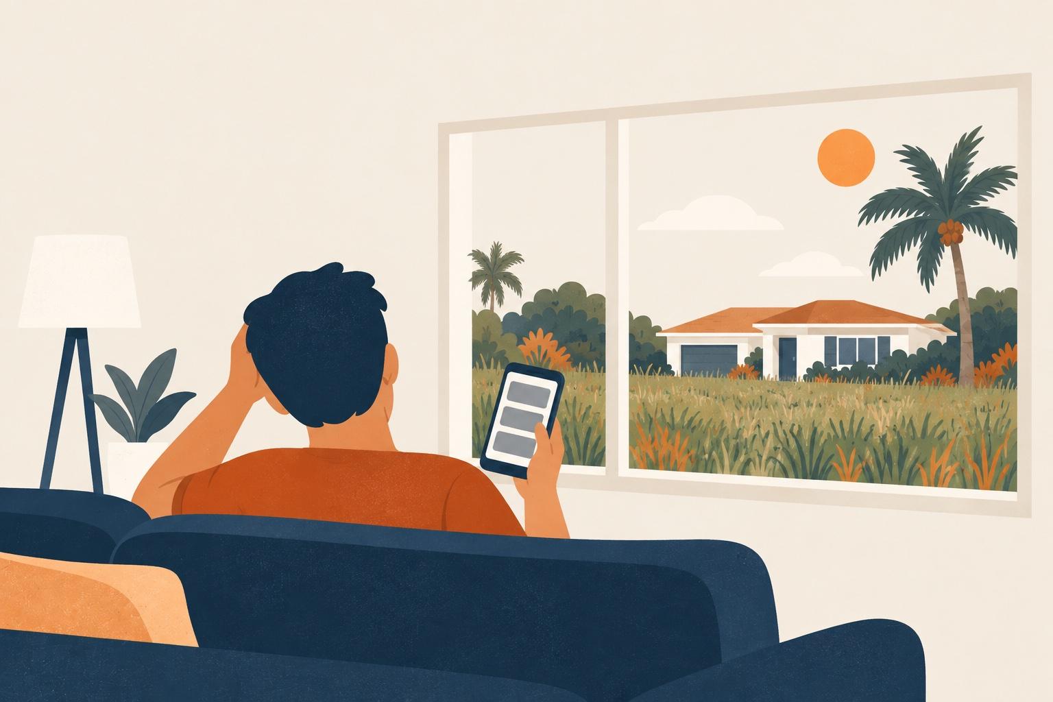 A homeowner on the couch scrolling empty search results, with an overgrown yard outside the window